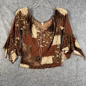 Y2K Peasant Top Size Medium Whimsigoth Flare Sleeve Forest‎ Fairy Patchwork